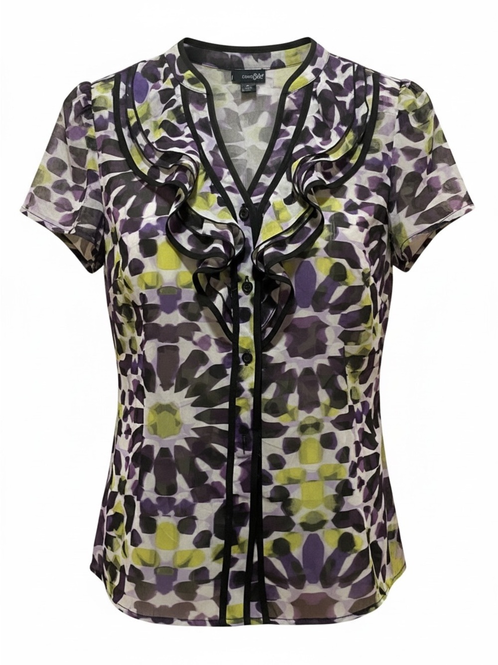 East 5th Purple & Lime Floral Ruffle-Front Short Sleeve Blouse